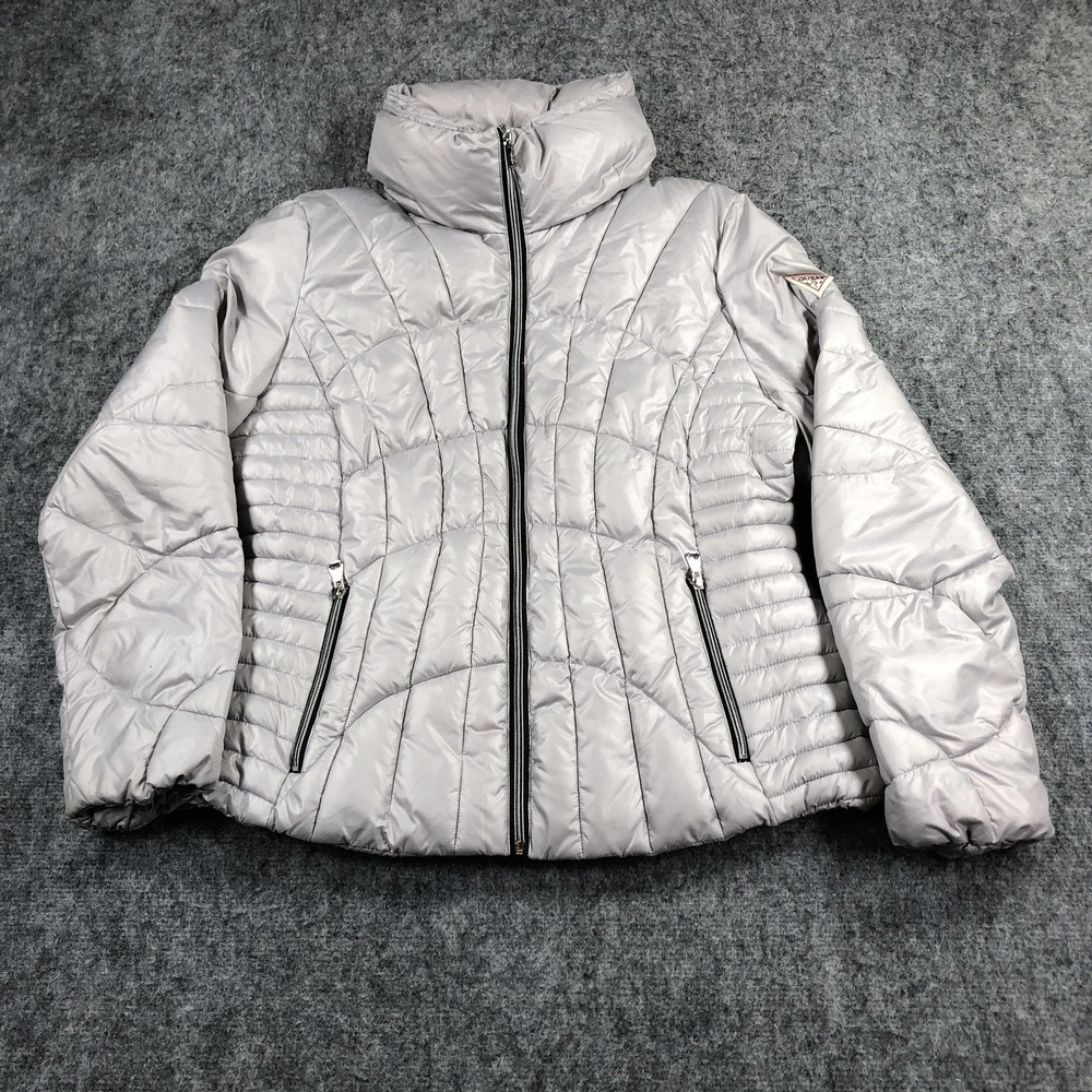GUESS Jacket Womens L Silver Quilted Puffer Full Zip Stand Collar Warm